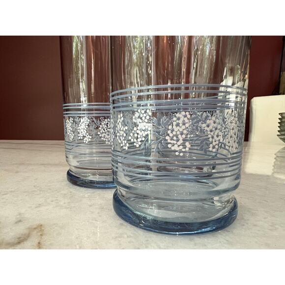 Libbey Blue Tumbler Glasses White Flowers Stripes 16 OZ Set of 3 vtg - Picture 4 of 8